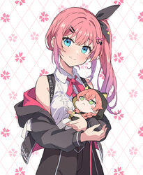  2girls aged_down animal_hood baby bare_shoulders black_bow black_hoodie black_shorts blue_eyes blush blush_stickers bow bowtie braid breasts closed_mouth collared_shirt grabbing grabbing_another&#039;s_breast gradient_hair green_eyes hair_ornament hairbow hairclip holding_baby hood hood_up hoodie jacket kuramochi_meruto kuramochi_meruto_(1st_costume) long_hair looking_at_viewer medium_breasts multicolored_hair multiple_girls nieshi777 nijisanji open_clothes open_jacket orange_hair pants pink_bow pink_bowtie pink_hair purple_hair shirt shishido_akari shorts side_ponytail sleeveless sleeveless_shirt smile suspender_shorts suspenders twin_braids virtual_youtuber white_pants white_shirt 