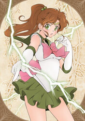  back_bow bishoujo_senshi_sailor_moon bow brooch brown_background brown_hair choker circlet cowboy_shot earrings elbow_gloves electricity female gloves green_eyes green_neckwear green_sailor_collar green_skirt hair_bobbles hair_ornament high_ponytail jewelry kino_makoto legs_apart long_hair looking_at_viewer magical_girl open_mouth pink_bow pleated_skirt ponytail sailor_collar sailor_jupiter sailor_senshi_uniform skirt solo standing stud_earrings white_gloves xiuren 