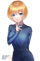  alternate_costume animification apex_legends blonde_hair blue_eyes blue_nails blue_sweater copyright_name female hand_on_own_chin highres looking_at_viewer ribbed_sweater short_hair smile solo sweater tmt.tem turtleneck wattson_(apex_legends) white_background 