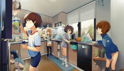  5girls absurdres akiyama_yukari alternate_costume apron bag bike_shorts black_apron black_hair black_shorts black_thighhighs blue_carpet blue_jacket blue_shirt blunt_bangs brown_eyes brown_hair buruma carpet chinese_commentary clock commentary_request girls_und_panzer glasses green_apron grocery_bag gym_shirt gym_uniform hairband highres holding holding_jar isobe_noriko jacket jar kitchen kneehighs long_hair looking_at_another looking_back multiple_girls nishizumi_miho panties pumpkin purple_shirt red-framed_eyewear refrigerator reizei_mako semi-rimless_eyewear shirt shopping_bag short_hair short_sleeves shorts slippers socks spring_onion t-shirt takebe_saori thighhighs track_jacket under-rim_eyewear underwear white_hairband white_panties white_shirt white_socks wide_shot zhongye_yu 