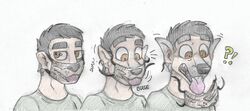  anthro bust_portrait canid canine canis clothing danwolf15 growth human humanoid_pointy_ears male mammal mask medical_instrument portrait scientific_instrument shirt snout snout_growth solo surgical_mask surprised_expression tongue tongue_out topwear transformation transformative_mask wolf 