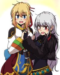  2girls black_dress blonde_hair dress dungeon_and_fighter earrings female_gunner_(dungeon_and_fighter) female_slayer_(dungeon_and_fighter) fur_jacket hair_bun hair_ornament hairpin holding_hands jacket jewelry long_hair long_sleeves looking_at_viewer multiple_girls necklace single_hair_bun sss_(komojinos3) tassel tassel_earrings white_hair 