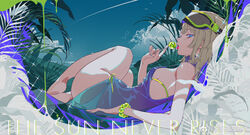  aa-12_(girls&#039;_frontline) aa-12_(the_sun_never_rises)_(girls&#039;_frontline) ass bare_legs barefoot bikini blue_eyes blue_sky bracelet breasts candy commentary contrail day female food from_side girls&#039;_frontline goggles goggles_on_head hammock highres jewelry light_brown_hair lollipop looking_at_viewer lying nail_polish profile see-through side-tie_bikini_bottom silverwing sky small_breasts solo strap_gap sweat swimsuit tongue tongue_out weibo_watermark 