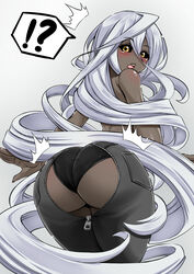  !? absurdres ass ass_focus black_sclera blush colored_sclera denim doppel_(monster_musume) female highres inconvenient_ass jeans long_hair looking_back monster_musume_no_iru_nichijou open_mouth panties pants solo speech_bubble surprised underwear unzipped very_long_hair virusotaku white_background white_hair yellow_eyes zipper zipper_pull_tab 