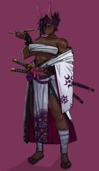  abs breasts chest_sarashi cleavage dark-skinned_female dark_skin demon_girl ezzydraws female fingerless_gloves gloves highres holding holding_smoking_pipe horns japanese_clothes katana kimono large_breasts midriff_sarashi monster_girl muscular muscular_female oni original pink_eyes purple_hair sarashi scar slippers smoking_pipe solo sword weapon white_kimono 