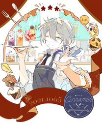  1boy apron aqua_eyes banner black_necktie blue_apron blue_bow bow cocktail_glass commentary cookie cup cupcake dated drinking_glass english_text ensemble_stars! ezu_(e104mjd) food fork glass grey_hair hairbow highres holding holding_tray jar knife male_focus muffin necktie one_eye_closed pointing pointing_at_viewer shiina_niki shirt short_ponytail short_sleeves solo star_(symbol) symbol-only_commentary tray upper_body white_shirt 