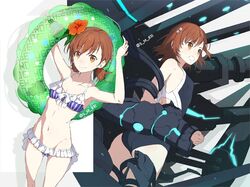  animal_print anti-art_attachment arms_up bikini black_one-piece_swimsuit brown_eyes brown_hair closed_mouth competition_swimsuit externally_piloted_mecha female flower frog_print from_side gauntlets gekota glowing gun hair_flower hair_ornament hairclip holding innertube machinery mecha mecha_musume misaka_mikoto multicolored_clothes multicolored_swimsuit multiple_views one-piece_swimsuit open_mouth power_suit powered_suit_(toaru) robot s_m_831 short_hair smile spoilers swim_ring swimsuit toaru_majutsu_no_index toaru_majutsu_no_index:_new_testament tokiwadai_school_swimsuit twitter_username weapon 