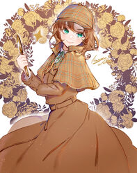  blush brown_cape brown_dress brown_hair cabbie_hat cape circle deerstalker detective dress female floral_background floral_print green_eyes hat holding holding_magnifying_glass idolmaster idolmaster_cinderella_girls kate_(idolmaster) koyo_akio long_skirt long_sleeves looking_at_viewer looking_to_the_side magnifying_glass neck_ribbon plaid_capelet plaid_headwear ribbon rose_print skirt smile solo wavy_hair 