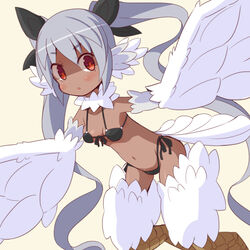  beige_background bikini bird_legs black_bikini blush breasts commentary_request dark-skinned_female dark_skin feathered_wings feathers female garoudo_(kadouhan&#039;i) grey_hair harpy long_hair monster_girl navel original parted_lips red_eyes side-tie_bikini_bottom small_breasts solo swimsuit twintails white_feathers winged_arms wings 