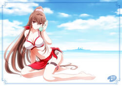  absurdres barefoot battleship bikini bikini_day blue_sky breasts brown_eyes brown_hair cherry_blossoms cloud drink female highres holding holding_drink kantai_collection large_breasts long_hair military military_vehicle photoshop_(medium) ponytail ramune red_sarong sarong ship shizuki_michiru sky swimsuit warship watercraft yamato_(battleship) yamato_(kancolle) 