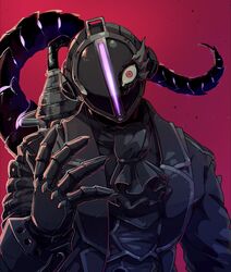  1boy akamtvahosi arm_guards ascot black_ascot black_gloves black_jacket bondrewd damaged formal gauntlets gloves glowing_tail hand_up helm helmet highres jacket long_sleeves looking_at_viewer made_in_abyss male_focus open_clothes open_jacket red_eyes solo spoilers tail upper_body 