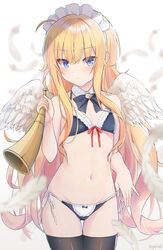  absurdres ahoge bikini black_ribbon black_thighhighs blonde_hair blue_bikini blue_eyes blush bow bow_bikini detached_collar feathered_wings feathers female flat_chest gabriel_dropout gabriel_tenma_white hair_between_eyes highres horn_(instrument) long_hair looking_at_viewer maid maid_bikini maid_headdress navel neck_ribbon ribbon side-tie_bikini_bottom simple_background solo string_bikini swimsuit tenma-gav thigh_gap thighhighs unconventional_maid very_long_hair white_background white_wings wings 