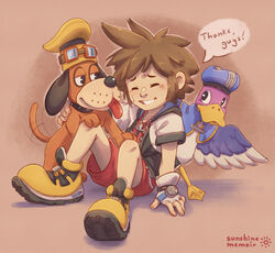  1boy bird blue_headwear brown_hair canine cosplay dog_(duck_hunt) donald_duck donald_duck_(cosplay) duck duck_(duck_hunt) duck_hunt fingerless_gloves gloves goggles goggles_on_headwear goofy goofy_(cosplay) highres hood hoodie khiuly kingdom_hearts kingdom_hearts_i large_shoes looking_at_another red_shorts shoes shorts sidelocks sora_(kingdom_hearts) super_smash_bros. yellow_footwear yellow_headwear 