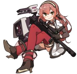  amonitto black_gloves blaser_r93 blush bolt_action brown_eyes closed_mouth commentary_request dinergate_(girls&#039;_frontline) dress female full_body girls&#039;_frontline gloves gun hair_between_eyes holding holding_gun holding_weapon long_sleeves looking_at_viewer non-humanoid_robot pink_hair r93_(girls&#039;_frontline) red_legwear rifle robot sangvis_ferri simple_background smile sniper_rifle solo weapon white_background 