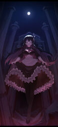  absurdres apron black_dress black_footwear black_hair black_pantyhose breasts cleavage cleavage_cutout closed_eyes closed_mouth clothing_cutout commentary commission dress facing_viewer female frilled_apron frilled_dress frills full_body full_moon hair_between_eyes hair_ornament highres large_breasts letterboxed long_hair maid mole mole_on_breast moon necktie night original outdoors pantyhose pillar red_necktie skirt_hold sleeves_past_elbows smile solo waist_apron white_apron yogu_(user_rxdx2445) 