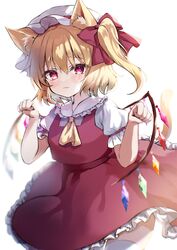  absurdres animal_ears ascot backlighting blonde_hair blurry blush bow cat_ears cat_tail closed_mouth commentary_request cowboy_shot crystal depth_of_field female flandre_scarlet frilled_shirt_collar frilled_skirt frilled_sleeves frills hair_between_eyes hairbow hat hat_ribbon highres honoka_chiffon kemonomimi_mode looking_at_viewer medium_hair mob_cap multicolored_wings paw_pose puffy_short_sleeves puffy_sleeves red_bow red_eyes red_ribbon red_skirt red_vest ribbon shirt short_sleeves side_ponytail simple_background skirt skirt_set solo tail thighhighs touhou vest white_background white_hat white_shirt white_thighhighs wings yellow_ascot yellow_tail 