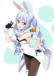  :d animal_ear_fluff animal_ears arm_cuffs armpits black_gloves black_leotard black_pantyhose blue_hair blush braid breasts brown_eyes carrot carrot_hair_ornament cowboy_shot don-chan_(usada_pekora) dress female food-themed_hair_ornament fur-trimmed_dress fur-trimmed_gloves fur_trim gloves hair_between_eyes hair_ornament hand_on_own_hip highres hololive leaning_forward leotard leotard_under_clothes long_hair multicolored_hair open_mouth orange_eyes pantyhose rabbit-shaped_pupils rabbit_ears rabbit_girl sidelocks small_breasts smile solo souryuu_(double_dragon) symbol-shaped_pupils thick_eyebrows twin_braids twintails two-tone_hair usada_pekora usada_pekora_(1st_costume) virtual_youtuber 