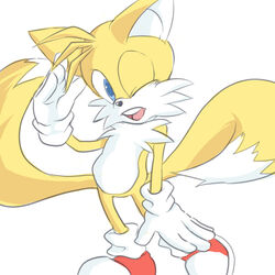  1:1 2_tails anthro biped blue_eyes canid canine clothing footwear fox fur gesture gloves handwear male mammal multi_tail nashi_(intothe_bluesky) one_eye_closed open_mouth salute sega shoes simple_background solo sonic_the_hedgehog_(series) standing tail tails white_background white_body white_fur wink yellow_body yellow_fur young young_anthro 