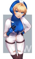  animification apex_legends blonde_hair blue_bodysuit blue_eyes blue_gloves bodysuit border female fingerless_gloves gloves grey_background hand_on_own_hip highres hood hood_up hooded_bodysuit leaning_forward lichtenberg_figure outside_border scar scar_on_cheek scar_on_face short_hair smile solo tmt.tem wattson_(apex_legends) white_bodysuit white_border 