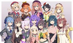  +_+ 6+girls :o absurdres amano_nene_(vtuber) amano_nene_(vtuber)_(1st_costume) animal_ear_fluff animal_ears baseball_cap beret black_bow black_gloves black_hair black_hoodie blonde_hair blue_eyes blue_hair blush bone_hair_ornament bow braid breasts brown_eyes brown_hair capelet cat_ears cat_girl character_name claw_pose cleavage clothing_cutout collarbone commentary deerstalker dog_ears dog_girl dress english_commentary feather_hair_ornament feathers flat_chest gloves green_eyes hair_behind_ear hair_ornament hairclip hat head_wings heart_cutout heterochromia highres hololive hololive_english hood hoodie hoshimachi_suisei hoshimachi_suisei_(1st_costume) indie_virtual_youtuber inugami_korone inugami_korone_(1st_costume) jersey kaheru_(vtuber) long_hair looking_at_viewer machita_chima machita_chima_(1st_costume) medium_breasts multiple_girls nanashi_mumei nanashi_mumei_(1st_costume) natsuiro_matsuri natsuiro_matsuri_(1st_costume) necktie nekomata_okayu nekomata_okayu_(1st_costume) nijisanji nijisanji_en one_eye_closed oozora_subaru oozora_subaru_(1st_costume) orange_eyes orange_hair partially_fingerless_gloves pink_bow pink_sweater plaid plaid_headwear plaid_skirt pointing pointing_up production_kawaii purple_eyes purple_hair red_headwear red_necktie sailor_collar seion selen_tatsuki selen_tatsuki_(1st_costume) shigure_ui_(vtuber) shigure_ui_(vtuber)_(1st_costume) short_hair short_necktie side_ponytail skirt smile striped striped_bow suspenders suzuhara_lulu suzuhara_lulu_(1st_costume) sweater twin_braids v-shaped_eyebrows virtual_youtuber watson_amelia watson_amelia_(1st_costume) white_dress wings yellow_sweater 