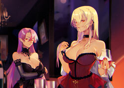  2girls azur_lane bare_shoulders black_dress blonde_hair breasts cleavage cocktail_glass cup cupping_glass detached_collar detached_sleeves dress drinking_glass duke_of_york_(azur_lane) duke_of_york_(eternal_night&#039;s_carola)_(azur_lane) evening_gown full_moon highres indoors king_george_v_(azur_lane) king_george_v_(rose&#039;s_regalia)_(azur_lane) lace-trimmed_sleeves lace_trim large_breasts long_hair looking_at_viewer moon multiple_girls official_alternate_costume pink_hair red_dress red_eyes red_nails ribbon_braid sleeveless sleeveless_dress strapless strapless_dress uyuyuun wine_glass 