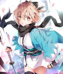  absurdres azunyan black_scarf black_sleeves black_thighhighs blonde_hair commentary_request detached_sleeves fate/grand_order fate_(series) female haori highres holding holding_sword holding_weapon japanese_clothes katana kimono koha-ace long_sleeves looking_at_viewer okita_souji_(fate) okita_souji_(koha-ace) scabbard scarf sheath shinsengumi short_hair short_kimono solo sword thighhighs weapon white_kimono yellow_eyes 