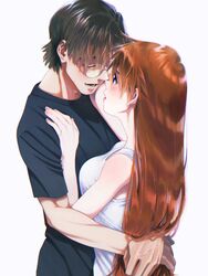  1boy aged_up aida_kensuke artist_request bad_link blue_eyes blush breasts brown_hair evangelion:_3.0+1.0_thrice_upon_a_time face-to-face female glasses hair_between_eyes highres hug long_hair medium_breasts neon_genesis_evangelion no_headgear open_mouth rebuild_of_evangelion souryuu_asuka_langley standing 