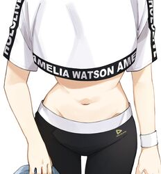  alternate_costume black_pants character_name clothes_writing commentary copyright_name crop_top crop_top_overhang cropped_shirt english_commentary english_text female highres hololive hololive_dance_practice_uniform hololive_english logo midriff mittsu navel official_alternate_costume pants shirt shirt_overhang solo stomach sweatpants t-shirt virtual_youtuber watson_amelia white_shirt workout_clothes yoga_pants 