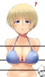  2girls :o ? arms_behind_back bare_shoulders bikini blonde_hair blue_bikini blue_eyes breasts cleavage collarbone commentary_request girls_und_panzer halterneck highres kitayama_miuki large_breasts long_hair looking_at_viewer mika_(girls_und_panzer) motion_lines multiple_girls navel parted_lips short_hair simple_background split_depth swimsuit tulip_hat white_background youko_(girls_und_panzer) 