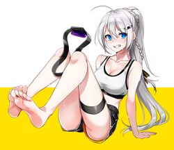  bare_shoulders barefoot blue_eyes braid breasts cleavage feet female food-themed_hair_ornament full_body grey_hair grin hair_ornament kizuna_akari knees_up leaning_back legs long_hair midriff oerba_yun_fang onigiri_hair_ornament ring-con ring_fit_adventure short_shorts shorts smile soles solo sports_bra sweat teeth thigh_strap toes very_long_hair voiceroid white_sports_bra yodare_(3yami8) 