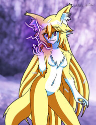  anthro blonde_hair breasts canid canine canis cheek_tuft chest_tuft claws dandruff electricity electricity_manipulation elemental_manipulation facial_tuft featureless_breasts featureless_crotch female fox fur gloves_(marking) hair hi_res inner_ear_fluff lightning long_hair looking_at_viewer mammal markings navel nikku_lunatique nude ouko_furinji purple_claws purple_eyes smile solo standing tuft white_body white_fur yellow_body 