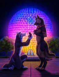  2022 ambiguous_gender anthro artist_name biped brown_body brown_fur canid canine canis claws countershade_fur countershading disney disney_parks domestic_dog duo epcot feet fingerless_(marking) fingerless_gloves_(marking) fountain fur german_shepherd gloves_(marking) grey_body grey_fur herding_dog holding_object holding_toy kerchief kerchief_only kippycube leg_markings male male/ambiguous male_(lore) mammal markings mostly_nude multicolored_body multicolored_fur neckerchief neckerchief_only night nude open_mouth open_smile pastoral_dog plant signature smile socks_(marking) spaceship_earth standing tan_body tan_countershading tan_fur toe_claws toeless_(marking) toeless_socks_(marking) toy tree two_tone_body two_tone_fur walt_disney_world white_body white_fur wolf 