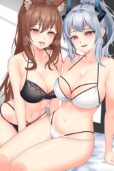  2girls animal_ears arknights black_bra black_panties blush bra breasts brown_eyes brown_hair cleavage collarbone fox_ears fox_girl franka_(arknights) grey_hair hair_between_eyes heart heart-shaped_pupils heavy_breathing highres large_breasts lingerie liskarm_(arknights) looking_at_viewer multi-strapped_bra multi-strapped_panties multiple_girls navel on_bed open_mouth panties ponytail red_eyes rxsilence sidelocks sitting symbol-shaped_pupils tongue tongue_out underwear underwear_only white_bra white_panties 