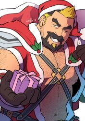  1boy armor bara bare_pectorals beard black_hair blonde_hair body_hair box brown_gloves capelet chest_harness crave_saga facial_hair fur-trimmed_capelet fur_trim gift gift_box gloves grin harness hat holding holding_sack holly incoming_gift large_pectorals male_focus masa_(mshk_s) moustache multicolored_hair nipples noche_(crave_saga) official_alternate_costume old old_man one_eye_closed open_clothes orange_eyes pectorals red_capelet sack santa_costume santa_hat short_hair shoulder_armor smile solo strongman_waist thick_beard thick_eyebrows thick_mustache two-tone_hair 