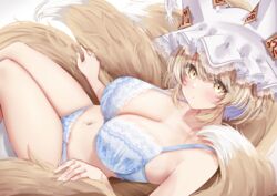  animal_ears blonde_hair blue_bra blue_panties blush bra breasts cleavage closed_mouth commentary_request female fingernails fox_ears fox_tail hat highres large_breasts looking_at_viewer mob_cap multiple_tails navel panties sarasadou_dan short_hair solo tail touhou underwear underwear_only white_hat yakumo_ran yellow_eyes yellow_tail 