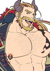  1boy abs arm_tattoo bara bare_pectorals beard bergamond_(crave_saga) captive_bead_ring chest_hair chest_tattoo collarbone crave_saga demon_horns elbow_gloves eyebrow_cut facial_hair fangs fur-trimmed_jacket fur_trim gloves horns jacket jewelry large_pectorals long_hair looking_at_viewer male_focus masa_(mshk_s) mature_male moustache multicolored_hair muscular muscular_male nipple_piercing nipple_rings nipples official_alternate_costume open_clothes open_jacket pectorals piercing ponytail purple_eyes purple_hair simple_background slit_pupils smile solo tattoo thick_eyebrows thick_mustache tongue tongue_out twitter_username two-tone_hair white_background 