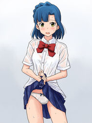  ass_visible_through_thighs blue_hair blue_skirt blush bob_cut bow bow_panties bowtie bra_visible_through_clothes clothes_lift cowboy_shot crotch_seam dress_shirt female frown gradient_background grey_background idolmaster idolmaster_million_live! lielos lifting_own_clothes looking_at_viewer miniskirt nanao_yuriko open_mouth panties plaid plaid_skirt pleated_skirt red_bow red_bowtie school_uniform see-through shirt short_hair short_sleeves skirt skirt_lift solo standing underwear wet wet_clothes wet_panties wet_shirt white_panties white_shirt wing_collar wringing_clothes wringing_skirt yellow_eyes 