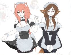  2girls ace_(arknights) adapted_costume alternate_costume animal_ears arknights black_dress black_pantyhose braid breasts brown_eyes cleavage cleavage_cutout clothing_cutout commentary cowboy_shot cropped_legs detached_sleeves dokonjou_(odossan) dress english_commentary enmaided fox_ears fox_girl fox_tail fur-trimmed_sleeves fur_trim gravel_(arknights) hair_between_eyes large_breasts long_hair long_sleeves low_twintails maid mouse_ears mouse_girl multiple_girls pantyhose perfumer_(arknights) short_sleeves simple_background skadi_(arknights) skadi_the_corrupting_heart_(arknights) tail twintails white_background 