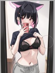  alternate_costume animal_ears black_bra black_hair black_shirt blue_archive bra breasts cat_ears cellphone clothes_lift colored_inner_hair commentary_request extra_ears female grey_shorts hair_ornament hairclip halo holding holding_phone indoors kazusa_(blue_archive) looking_at_viewer marisasu_(marisa0904) medium_breasts mirror multicolored_hair navel phone pink_hair pink_halo selfie shirt shirt_lift short_hair shorts solo stomach t-shirt two-tone_hair underwear unfinished 