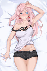  alternate_hairstyle bed_sheet blue_eyes blush breasts das_(dan_dan) earrings fate/grand_order fate_(series) female highres jewelry long_hair lying miyamoto_musashi_(fate) navel pink_hair shirt shorts sleeveless sleeveless_shirt solo 