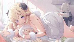  2girls absurdres ahoge animal_ears barefoot blonde_hair blush breasts chips_(food) cleavage dress eat_some_cookie food fur-trimmed_dress fur_trim grey_hair highres hololive horns large_breasts lion_ears lion_girl long_hair looking_at_viewer md5_mismatch multiple_girls panties potato_chips purple_eyes sheep_ears sheep_girl sheep_horns shishiro_botan shishiro_botan_(1st_costume) tsunomaki_watame tsunomaki_watame_(1st_costume) underwear virtual_youtuber watamate white_dress white_panties 