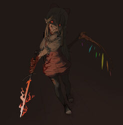  blonde_hair blood blood_on_clothes blood_on_face blood_on_hands blood_on_leg crazy_smile dark dragging female flaming_sword flaming_weapon flandre_scarlet highres holding holding_sword holding_weapon leggings long_hair looking_at_viewer puffy_sleeves red_eyes red_shirt ribbon sendai_(nazonomono) shirt shorts sleeves_past_elbows slit_pupils smile solo sword touhou weapon white_undershirt wings 