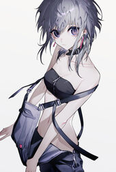  absurdres black_tube_top breasts choker closed_mouth collarbone commentary_request earrings eyelashes female haizome_senri highres jewelry looking_at_viewer messy_hair original overalls overalls_pull pulling_own_clothes purple_eyes purple_hair short_hair_with_long_locks simple_background solo strapless tube_top white_background zipper 