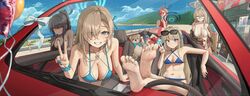  5girls absurdres ahoge akane_(blue_archive) alternate_costume aqua_bikini asuna_(blue_archive) asymmetrical_bangs beach bikini black_bikini blue_archive blue_bikini box breasts brown_shawl car car_interior cleaning_&amp;_clearing_(blue_archive) cleavage collarbone commentary convertible criss-cross_halter dark-skinned_female dark_skin fingernails gift gift_box hair_over_one_eye halo halterneck highres karin_(blue_archive) kongsi large_breasts long_bangs looking_at_viewer medium_breasts mole mole_on_breast motor_vehicle multiple_girls nail_polish navel neru_(blue_archive) one-piece_swimsuit outdoors red_car red_one-piece_swimsuit scrunchie shawl sitting soles steering_wheel stomach stuffed_animal stuffed_toy swimsuit teddy_bear toes toki_(blue_archive) white_bikini wrist_scrunchie 