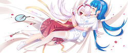  2girls animal_ears azur_lane blue_bow blue_hair blush bow breasts chinese_clothes chinese_commentary closed_eyes commentary_request dress fake_animal_ears feet floral_print frilled_shirt frilled_shorts frills full_body hair_ornament hair_scrunchie hairband hairbow hand_fan hanfu highres hug laffey_(azur_lane) laffey_(white_rabbit_welcomes_the_spring)_(azur_lane) low_twintails lying medium_breasts multiple_girls nail_polish official_alternate_costume on_side open_mouth original paper_fan pink_nails polka_dot polka_dot_bow profile purple_hair rabbit_ears red_dress red_eyes red_hairband scrunchie shirt shorts smile socks thighhighs toes twintails white_shirt white_shorts white_socks white_thighhighs xiao_shi_lullaby yuri 