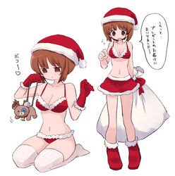  ankle_boots antlers arm_behind_back bell bikini bikini_top_only blush boko_(girls_und_panzer) boots breasts brown_eyes brown_hair christmas closed_mouth commentary female fishnet_thighhighs fishnets flying_sweatdrops frown fur-trimmed_bikini fur-trimmed_gloves fur-trimmed_skirt fur_trim girls_und_panzer gloves hat heart highres holding holding_sack horns kneeling lingerie looking_at_viewer medium_breasts miniskirt motion_lines multiple_views navel nishizumi_miho open_mouth red_bikini red_footwear red_gloves red_skirt reindeer_antlers ri_(qrcode) sack santa_bikini santa_boots santa_gloves santa_hat short_hair simple_background skirt standing stuffed_animal stuffed_toy swimsuit teddy_bear thighhighs translated underwear white_background white_thighhighs 