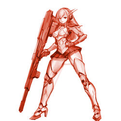  breasts cleavage female full_body gun high_heels highres holding holding_gun holding_weapon huge_weapon legs_apart long_hair mecha_musume medium_breasts minamoto80486 miniskirt navel original panties pantyshot pleated_skirt simple_background skirt smile solo standing underwear weapon white_background 