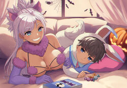  1boy age_difference animal_ear_fluff animal_ears arm_hug bare_shoulders bedroom blue_eyes blush breasts cleavage collar commentary cosplay curtains earrings elbow_gloves english_commentary fake_animal_ears fate/grand_order fate/samurai_remnant fate_(series) female fou_(fate) fou_(fate)_(cosplay) fur-trimmed_gloves fur_bikini fur_collar fur_trim gloves grey_hair grin halloween highres indoors jack-o&#039;-lantern jewelry large_breasts mash_kyrielight mash_kyrielight_(cosplay) mash_kyrielight_(dangerous_beast) mash_kyrielight_(dangerous_beast)_(cosplay) miyamoto_iori_(fate) miyamoto_musashi_(fate) mother_and_son onesie purple_collar purple_gloves reijgr_(ff9999x) smile wide_ponytail wolf_ears 