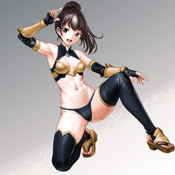  :d arm_guards bare_shoulders black_fundoshi black_gloves black_thighhighs breasts brown_eyes brown_hair cleavage elbow_gloves female fingerless_gloves full_body fundoshi gloves highres japanese_clothes long_hair medium_breasts midriff minamoto80486 navel open_mouth ponytail ringed_eyes sandals smile solo stirrup_legwear teeth thighhighs toeless_legwear upper_teeth_only wizardry zouri 