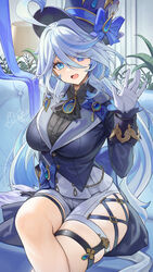  ahoge alternate_breast_size asymmetrical_gloves black_gloves blue_eyes blue_hair blue_hat blue_jacket breasts brooch catsmoon crossed_legs female furina_(genshin_impact) genshin_impact gloves hair_between_eyes hand_up hat hat_ornament highres jacket jewelry large_breasts long_hair long_sleeves looking_at_viewer mismatched_gloves signature sitting smile solo thighs white_gloves 